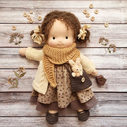 Waldorf Handmade Cloth Doll Multiple Styles Retro Boho Floral Dress Outfit Soft Plush Cotton Dolls Girls Gift Wear a Straw Hat