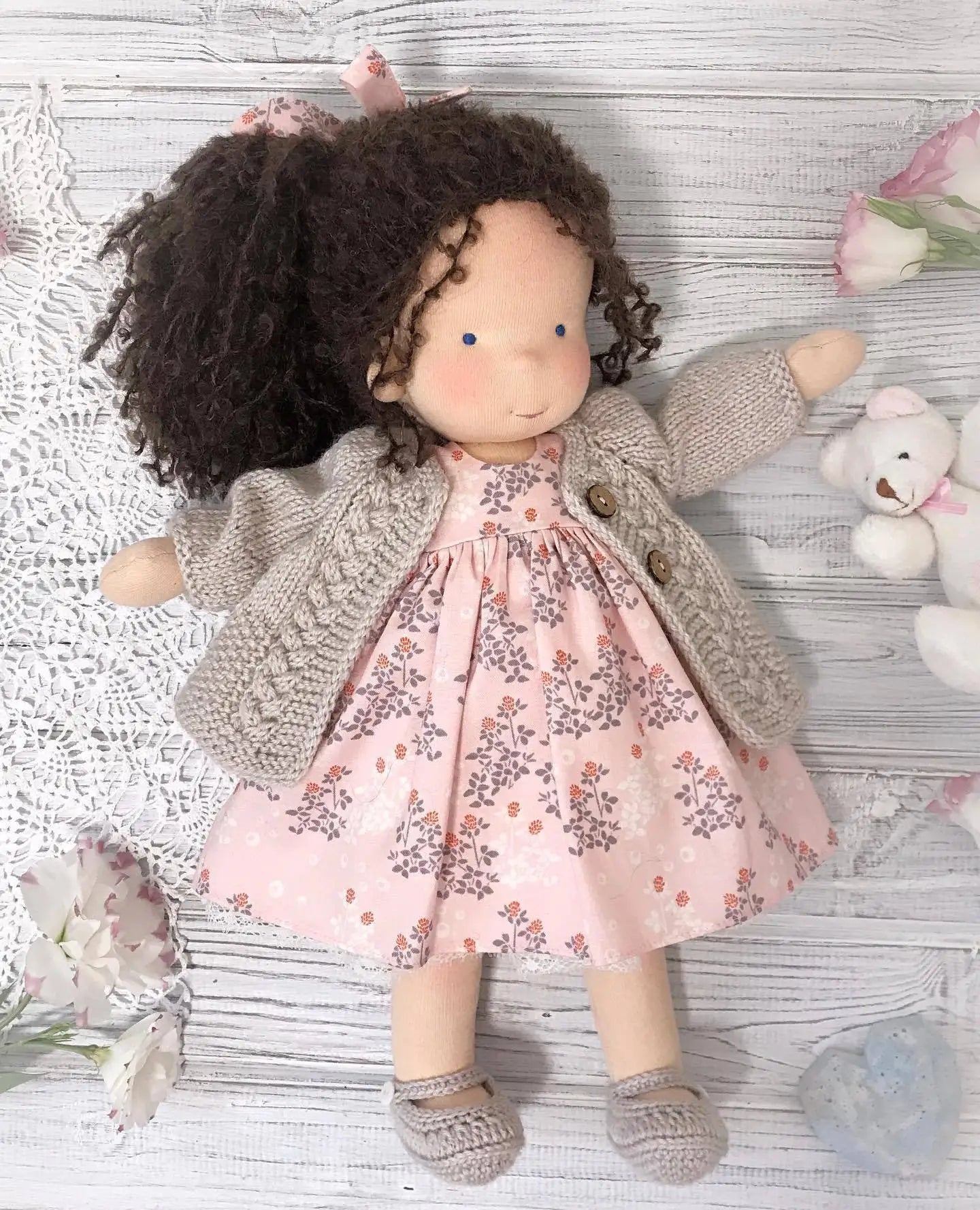 Waldorf Handmade Cloth Doll Multiple Styles Retro Boho Floral Dress Outfit Soft Plush Cotton Dolls Girls Gift Wear a Straw Hat