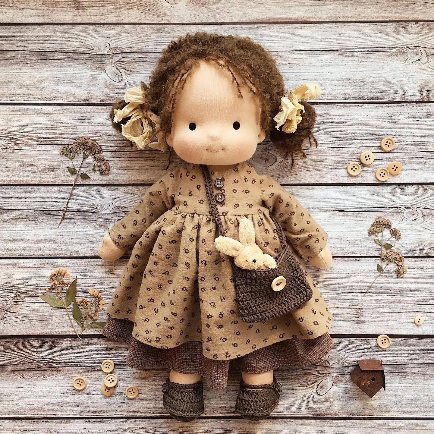 Waldorf Handmade Cloth Doll Multiple Styles Retro Boho Floral Dress Outfit Soft Plush Cotton Dolls Girls Gift Wear a Straw Hat