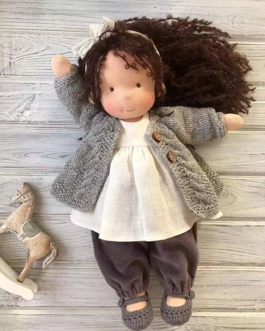Waldorf Handmade Cloth Doll Multiple Styles Retro Boho Floral Dress Outfit Soft Plush Cotton Dolls Girls Gift Wear a Straw Hat