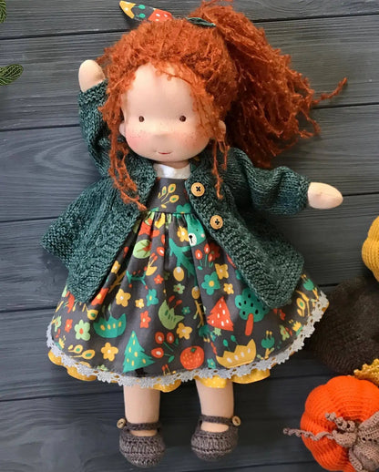 Waldorf Handmade Cloth Doll Multiple Styles Retro Boho Floral Dress Outfit Soft Plush Cotton Dolls Girls Gift Wear a Straw Hat