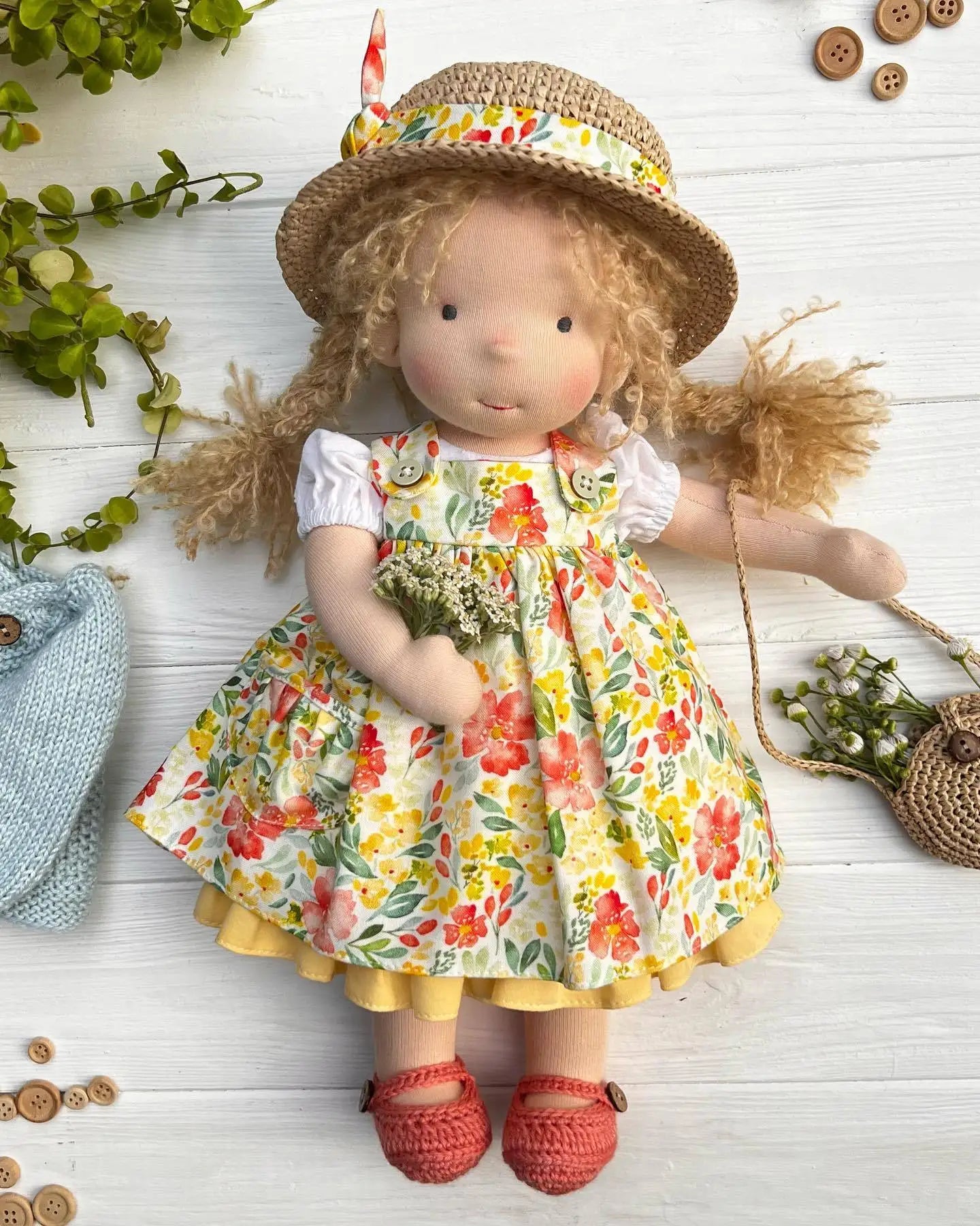 Waldorf Handmade Cloth Doll Multiple Styles Retro Boho Floral Dress Outfit Soft Plush Cotton Dolls Girls Gift Wear a Straw Hat