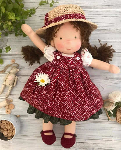 Waldorf Handmade Cloth Doll Multiple Styles Retro Boho Floral Dress Outfit Soft Plush Cotton Dolls Girls Gift Wear a Straw Hat