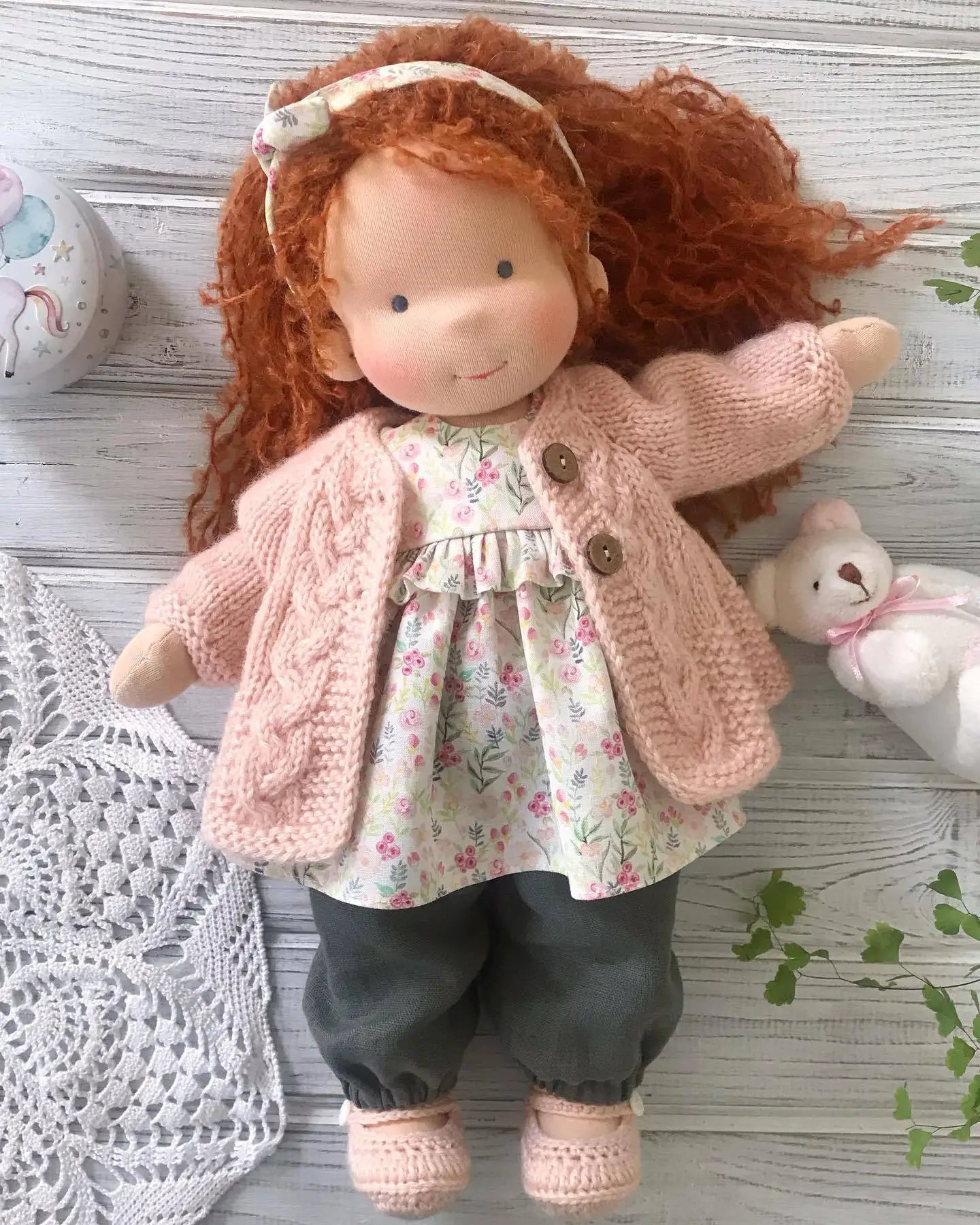 Waldorf Handmade Cloth Doll Multiple Styles Retro Boho Floral Dress Outfit Soft Plush Cotton Dolls Girls Gift Wear a Straw Hat